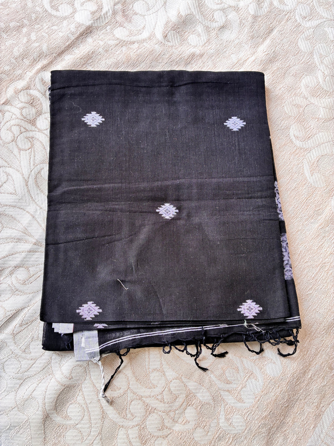 Pure Mul Cotton Saree in Jet Black with Delicate Diamond Buttis & Silver Edge