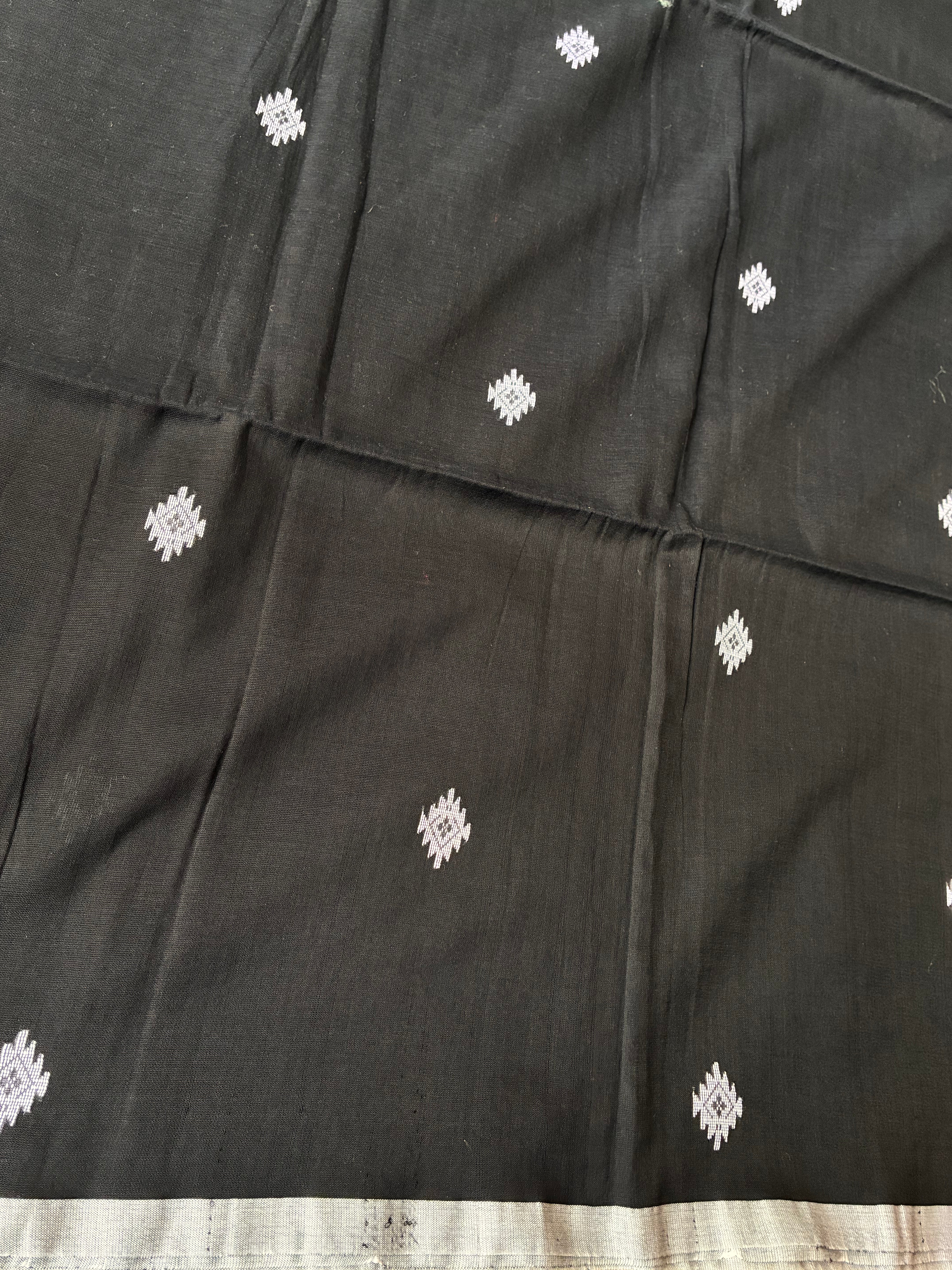 Pure Mul Cotton Saree in Jet Black with Delicate Diamond Buttis & Silver Edge