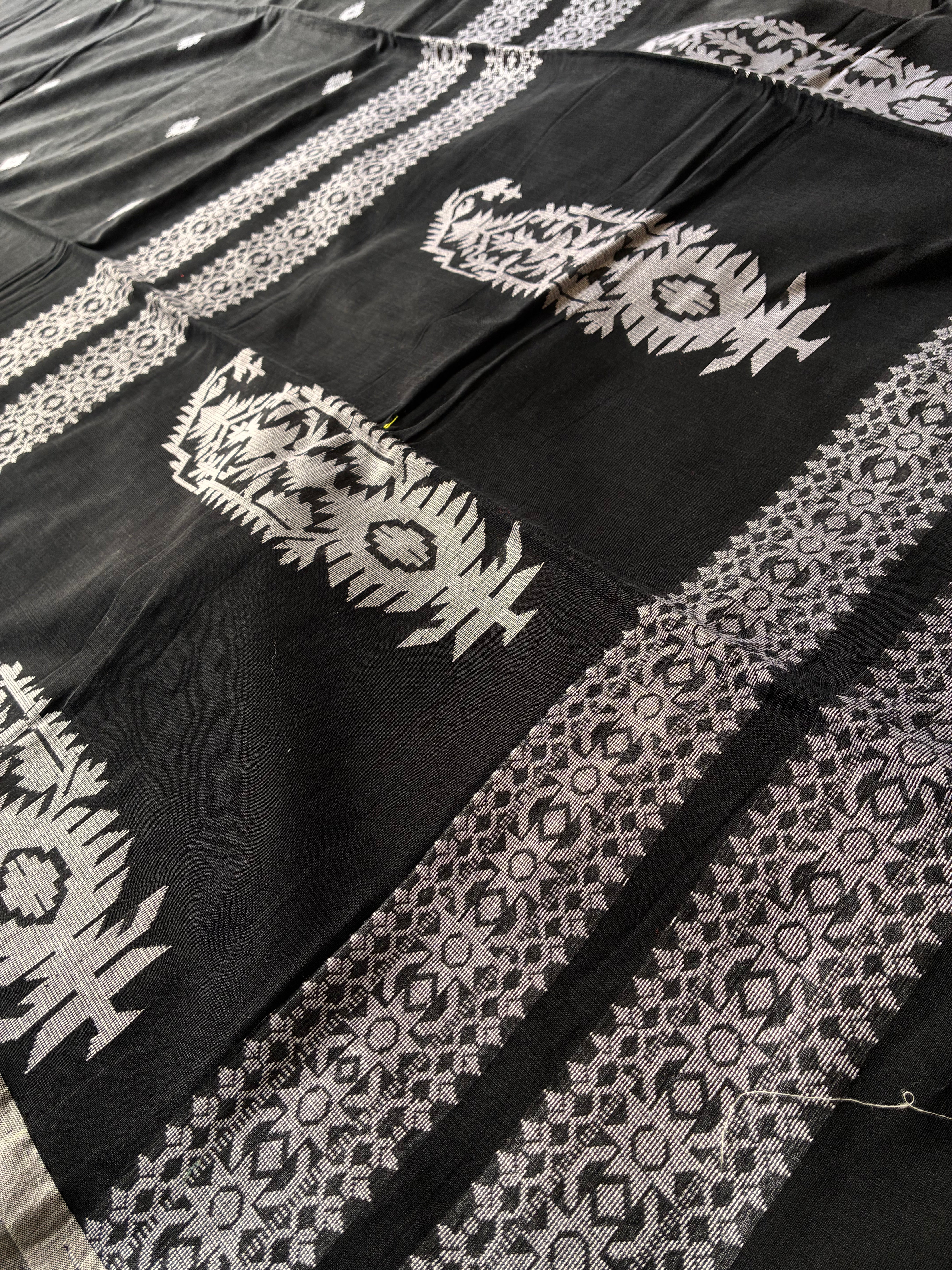 Pure Mul Cotton Saree in Jet Black with Delicate Diamond Buttis & Silver Edge