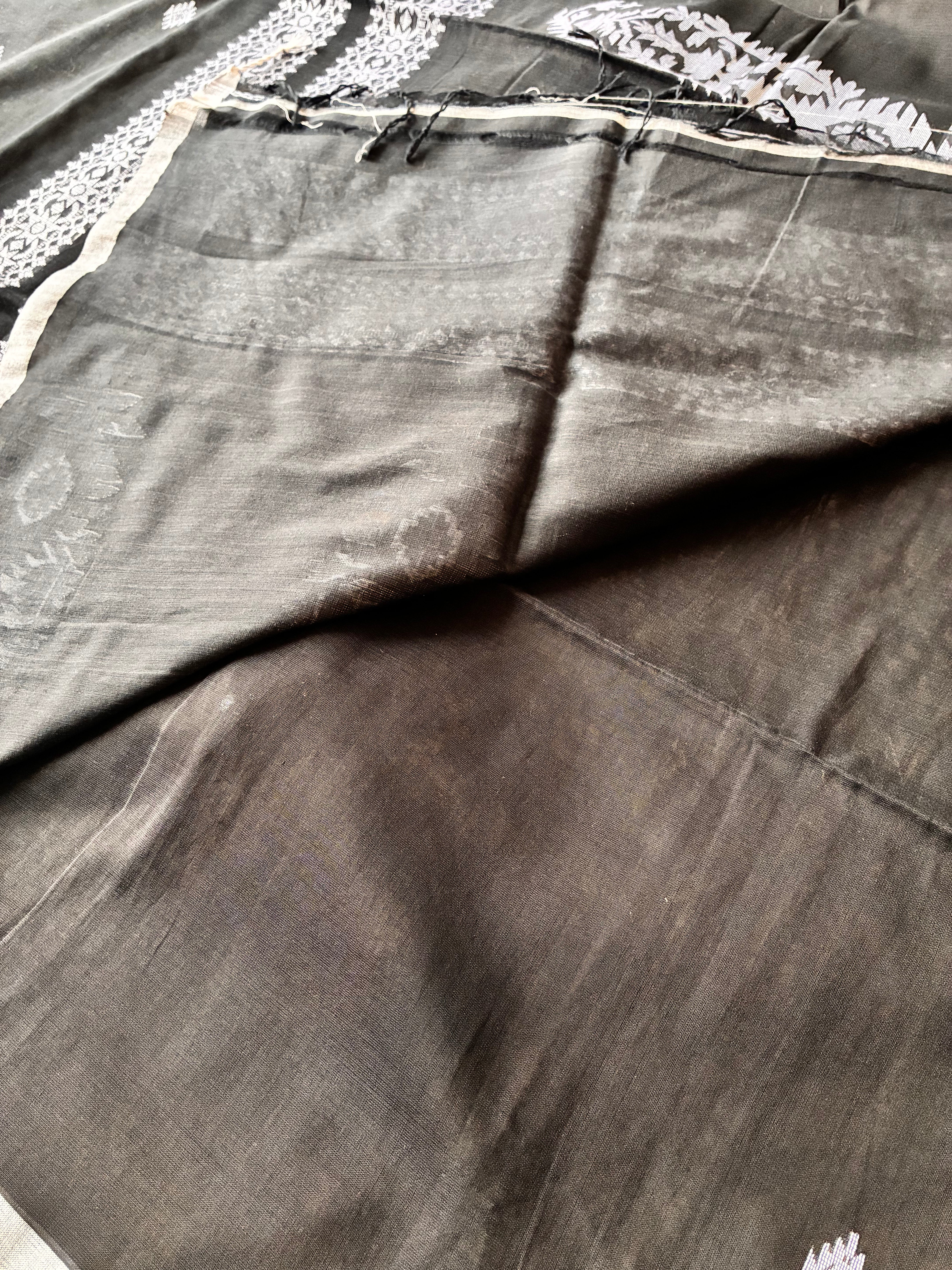 Pure Mul Cotton Saree in Jet Black with Delicate Diamond Buttis & Silver Edge