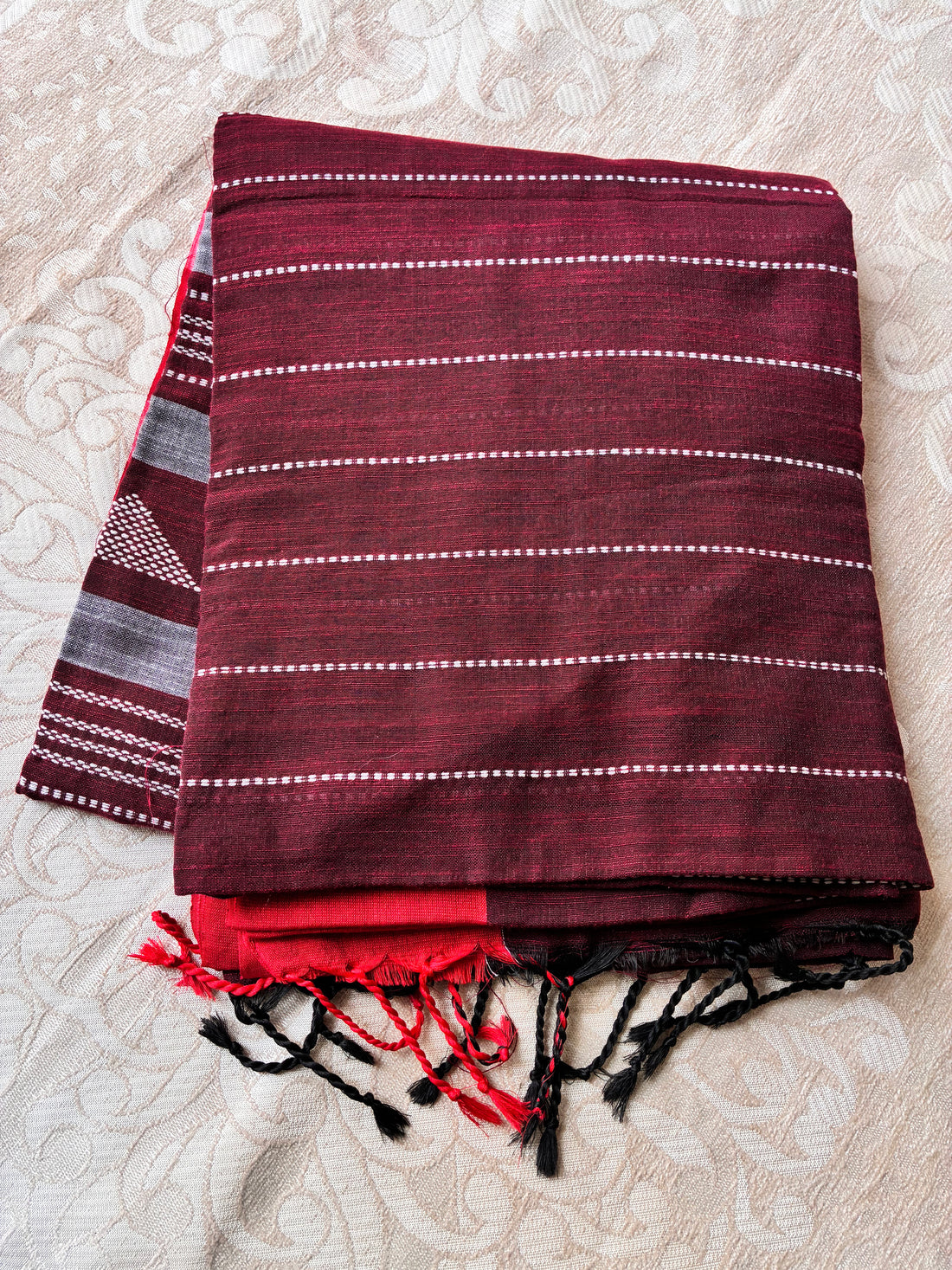 Pure Bengal Cotton Saree in Wine Maroon with Woven Stripe Details & Dual-Tone Tassels