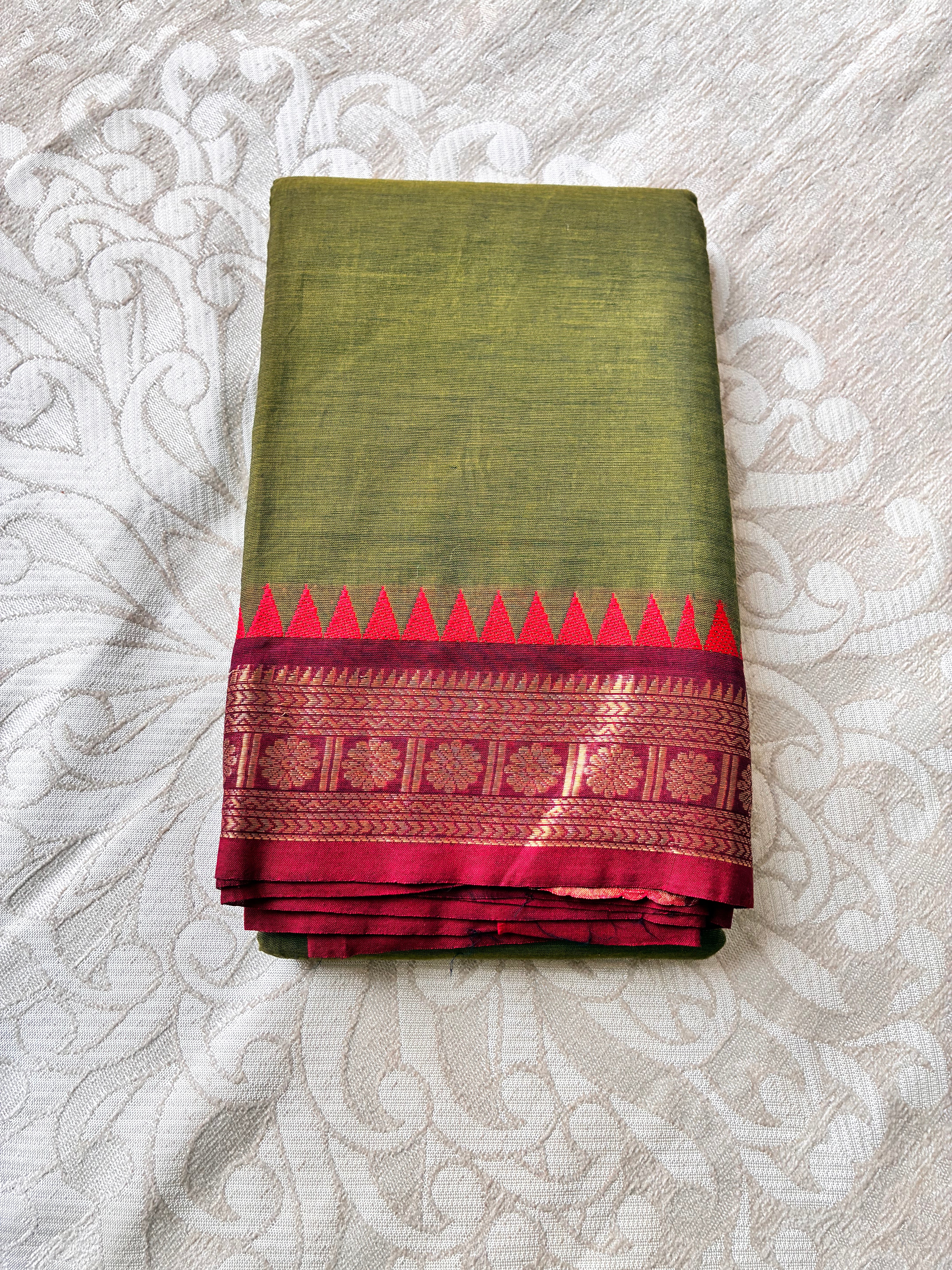 Elegant Olive Green Kanchi Cotton Saree with Magenta Zari Border