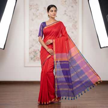 Vibrant Red & Purple-Blue Handloom Mangalagiri Silk Cotton Saree with Golden Zari 50 Border