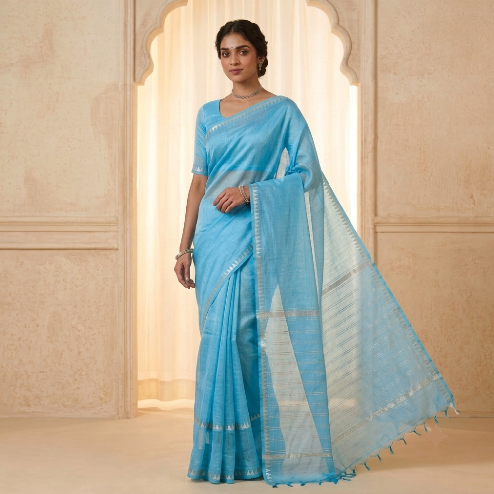 Serene Powder Blue Handloom Mangalagiri Silk Cotton Saree with Silver Zari Gap Border