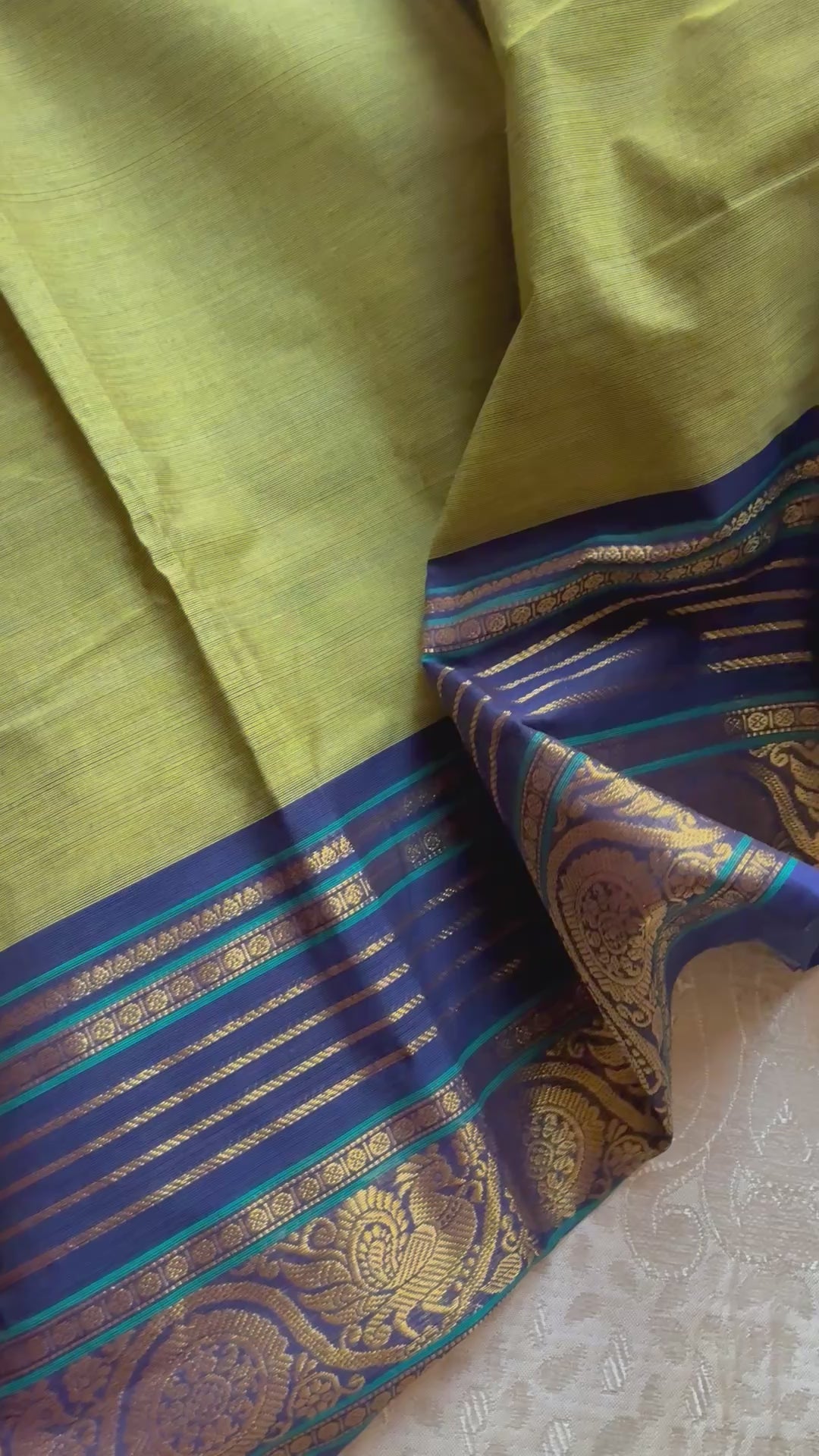Olive Green & Indigo Zari Border Handloom Kanchi Cotton Saree