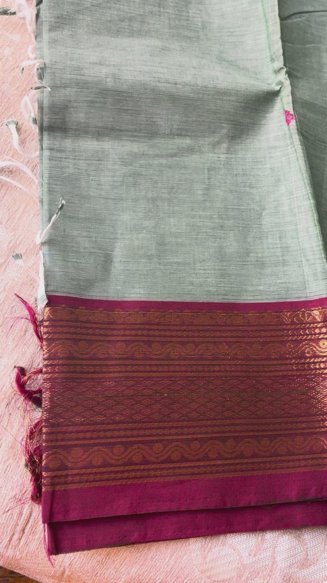 Sage Green Kanchi Cotton Saree with Rani Pink Zari Border