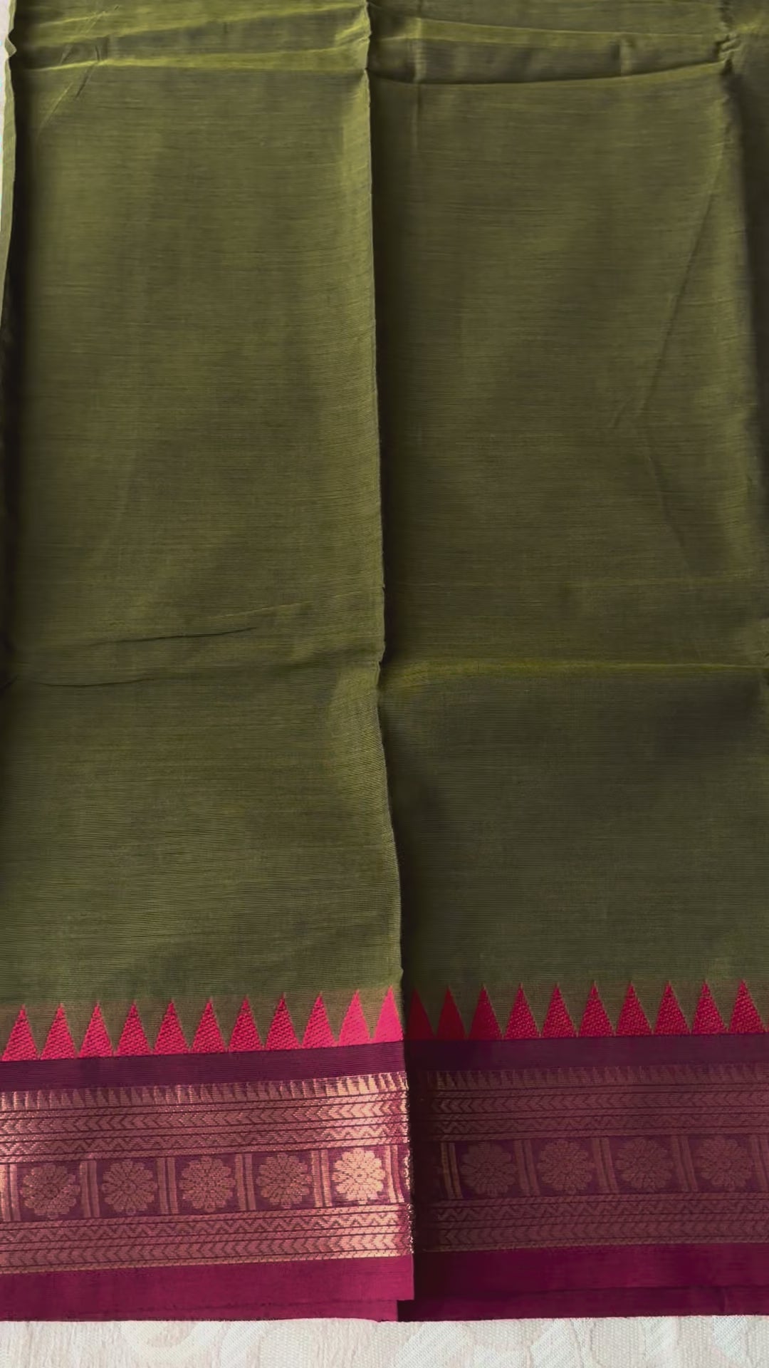 Elegant Olive Green Kanchi Cotton Saree with Magenta Zari Border