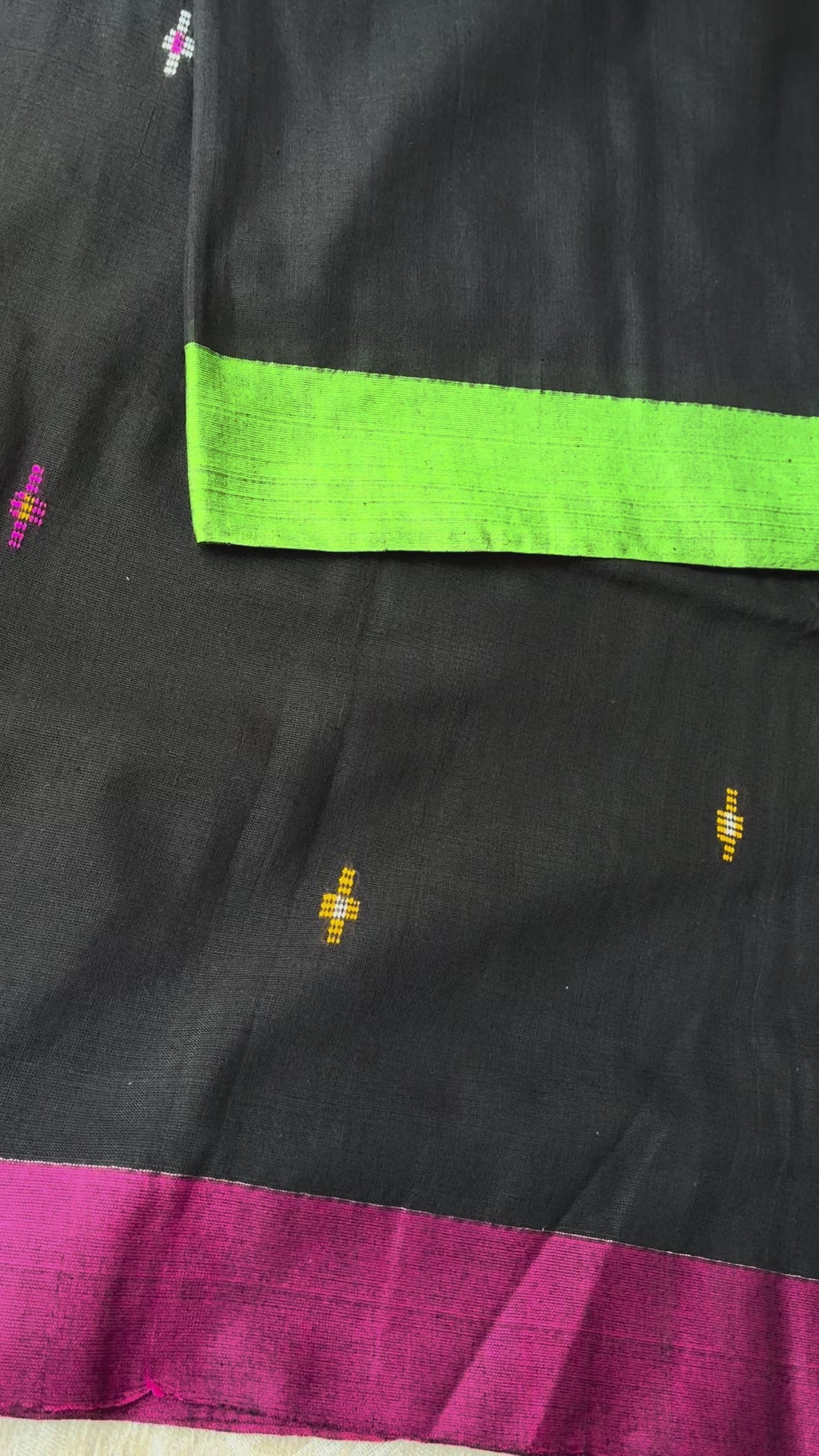 Charcoal Black Mul Cotton Saree with Contrast Parrot Green & Magenta Borders