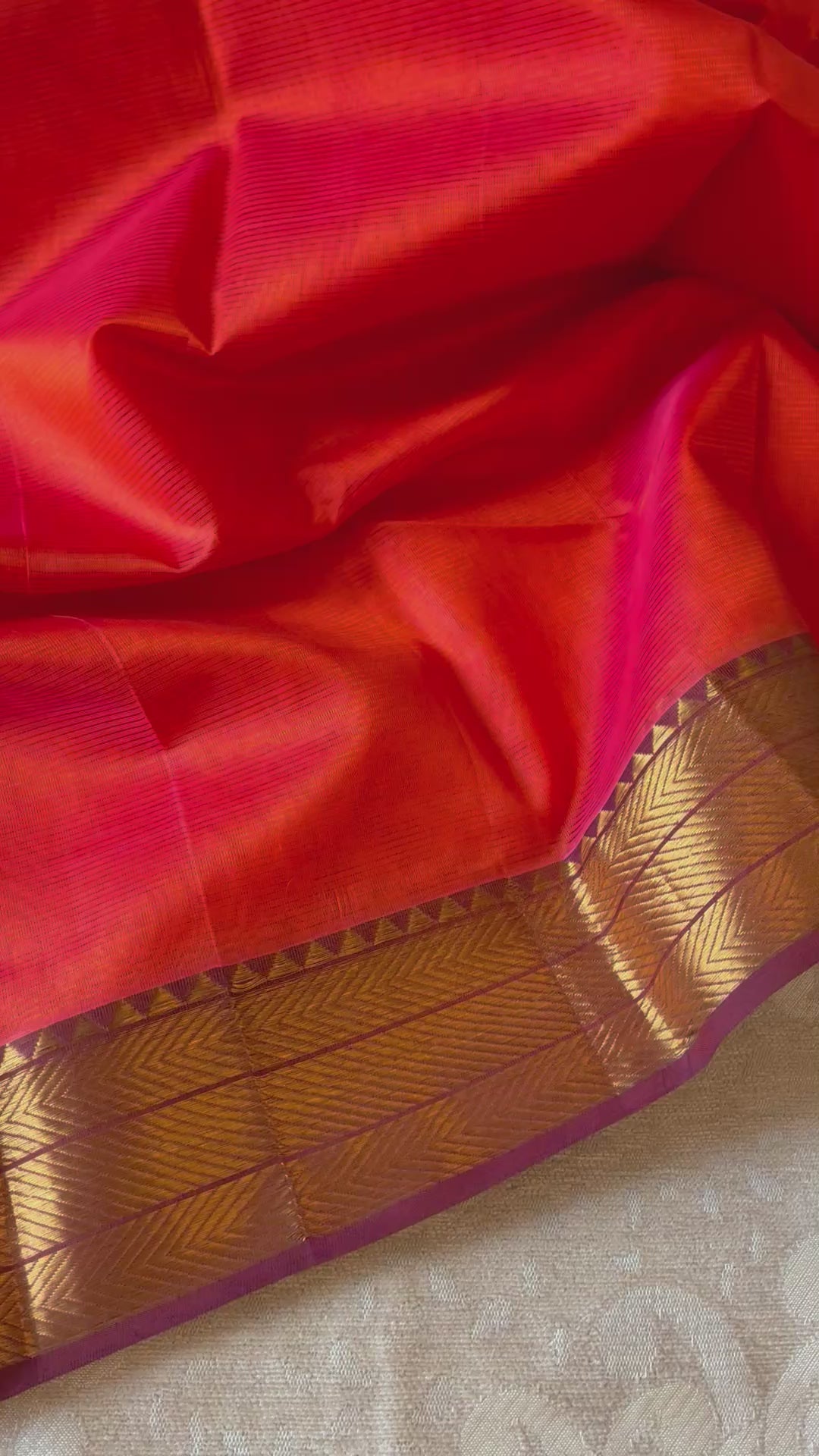 Vibrant Orange & Purple Handloom Mangalagiri Silk Cotton Saree with Golden Zari 50/150 Border  Description: