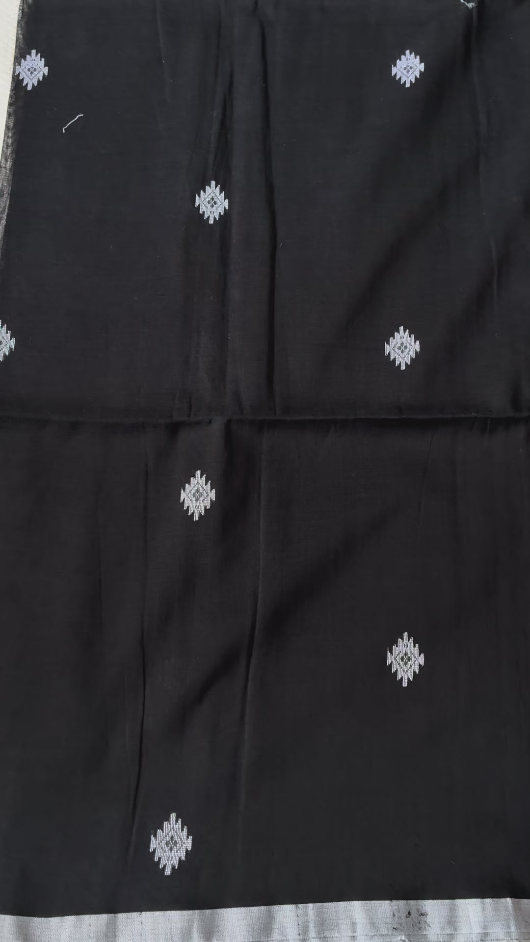 Pure Mul Cotton Saree in Jet Black with Delicate Diamond Buttis & Silver Edge