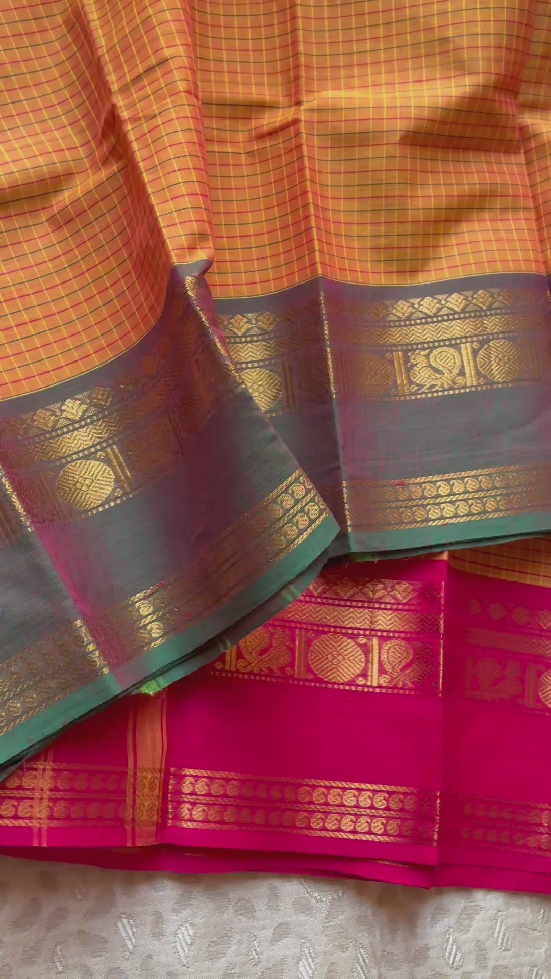 Bright Orange & Magenta Handloom Kanchi Cotton Checked Saree