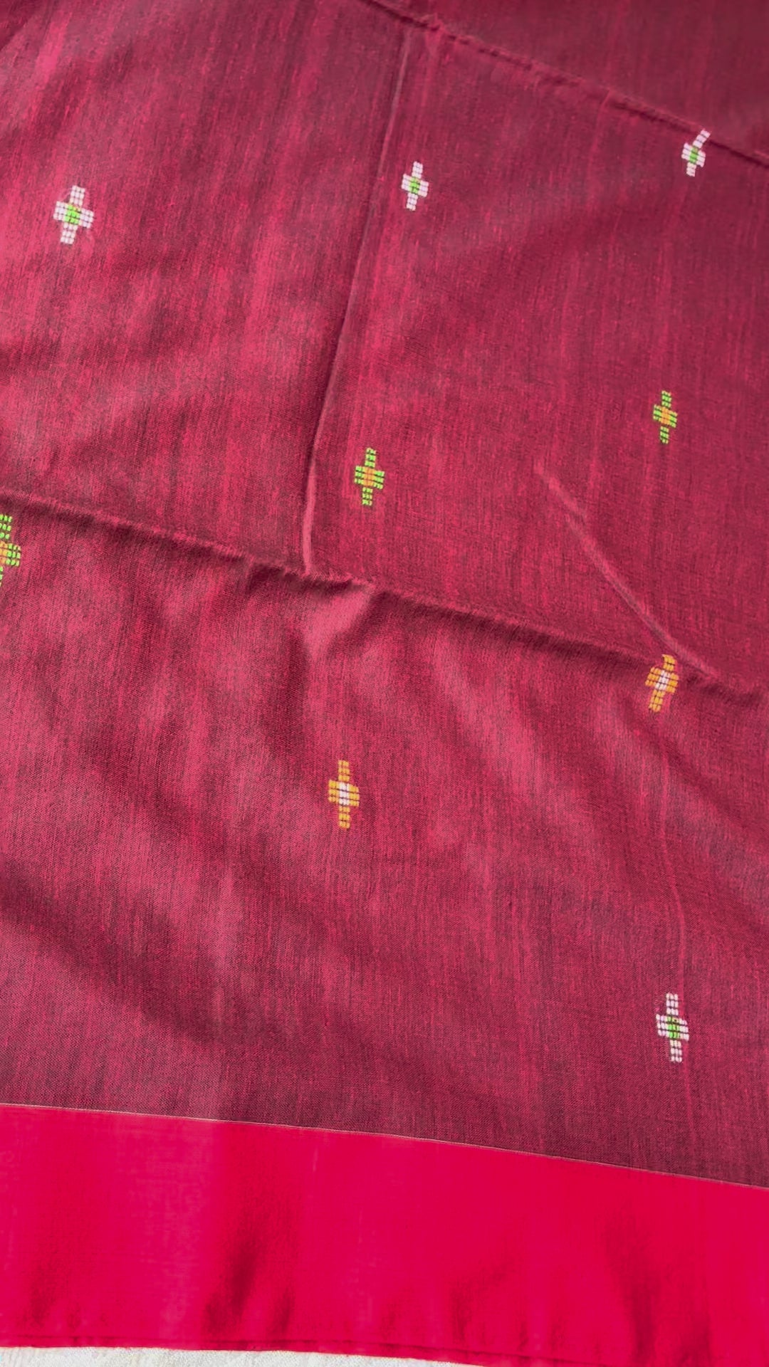 Crimson Maroon Mul Cotton Saree with Hand-Woven Buttis & Contrast Red Border